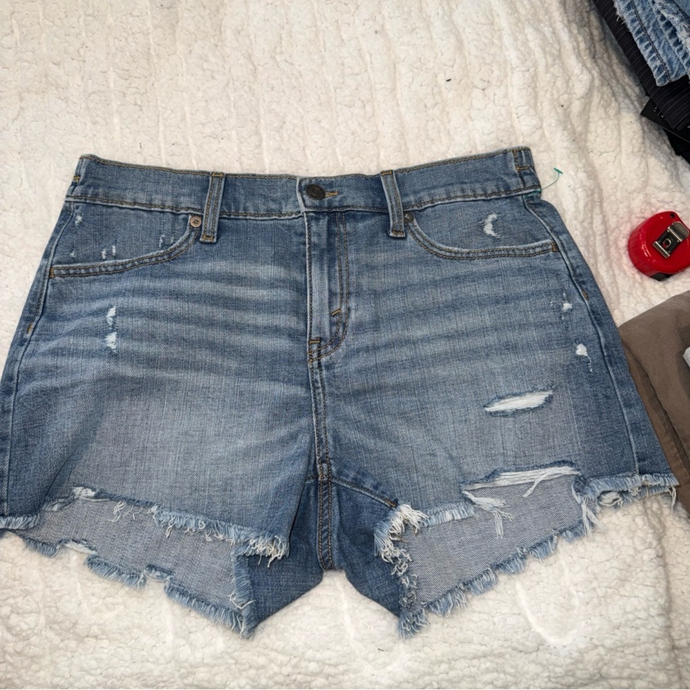 Aerie Light Blue Distressed Elastic Waist Jean Shorts